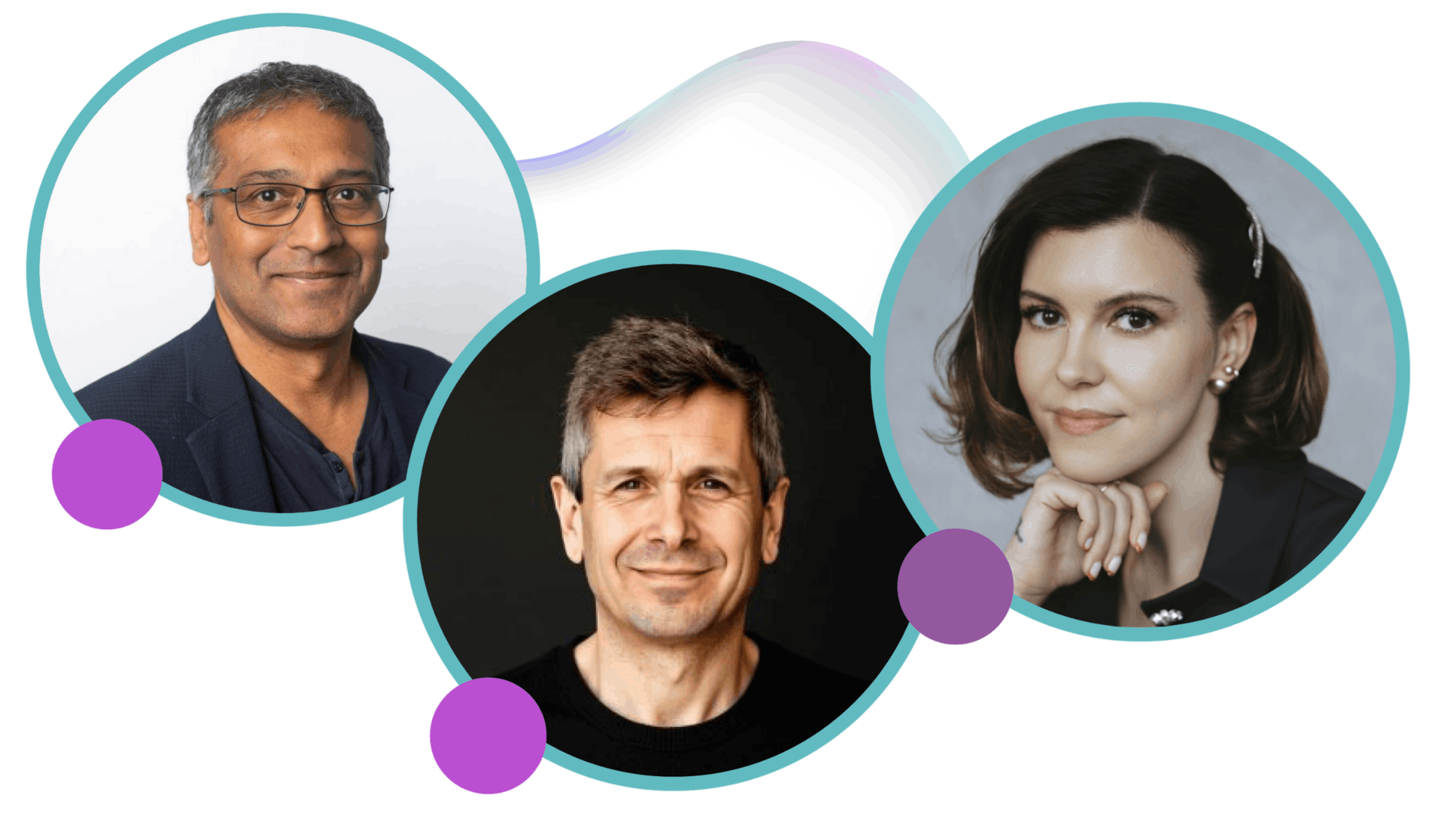 Collage of four diverse AI Trainers in circular frames with teal borders, set against a background with red, purple, black, and multicolored wave pattern.