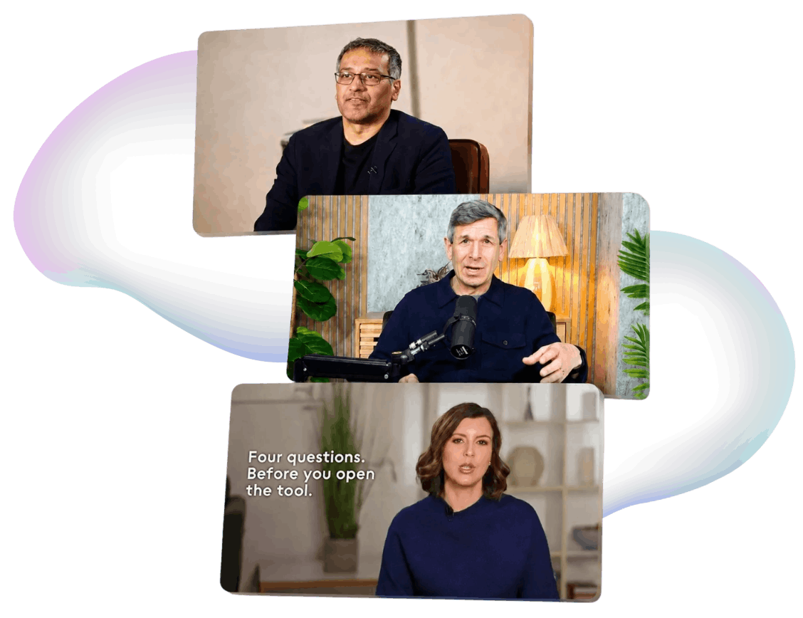 Three AI experts shown on video call screens, each in a different setting. The top person is a man with glasses and short gray hair, the middle person is a man with gray hair speaking into a microphone and a woman at the bottom.