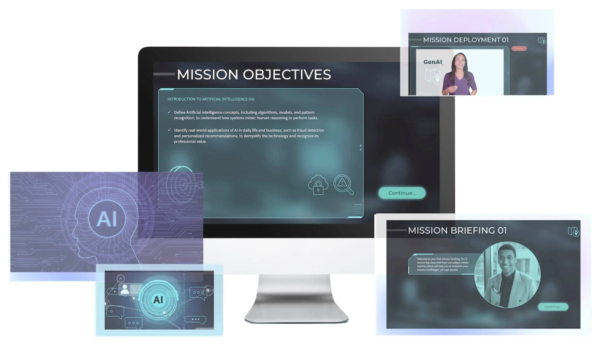 Ongoing AI training for businesses. Multiple digital screens displaying artificial intelligence (AI) related content by TrainTeams.ai, including mission objectives, briefing, and graphics of a person's profile.