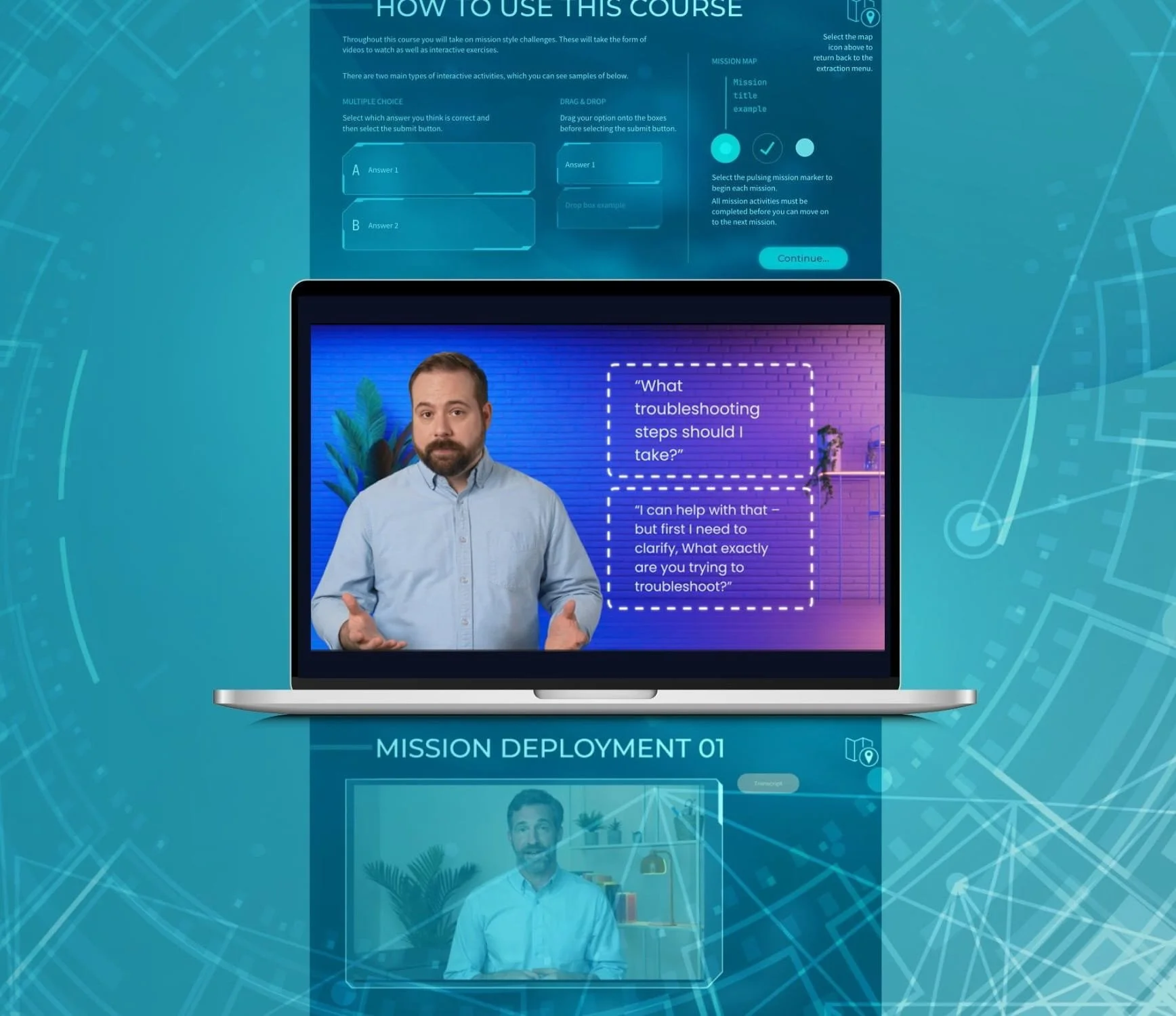 Screenshot of a digital course interface with a blue and green technological background, showing instructions on how to use a course with interactive exercises, including multiple-choice and drag-and-drop activities.