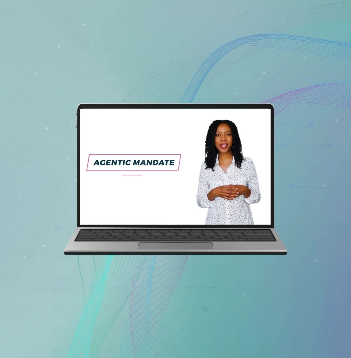 AI Skills Development. A woman appears on a laptop screen with the text "Agentic Mandate" beside her, set against a light blue background with abstract lines and dots.