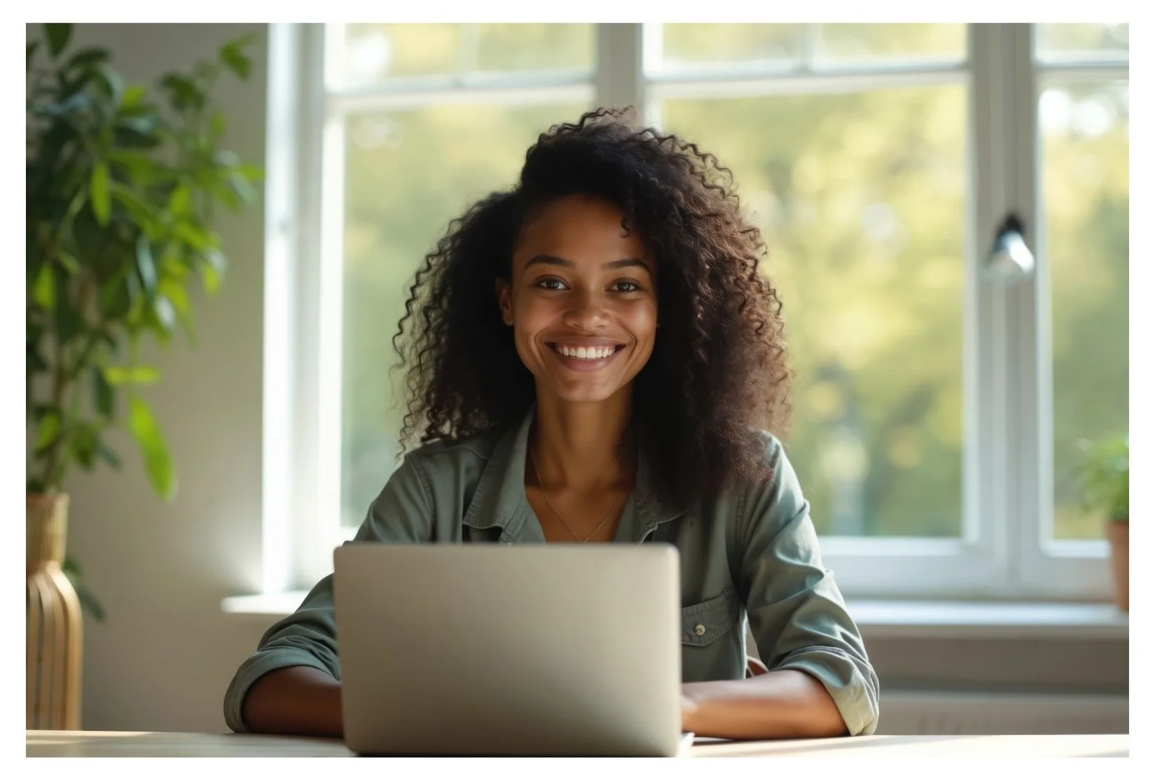 A young woman with curly hair smiling at a laptop in a bright room with large windows and potted plants.