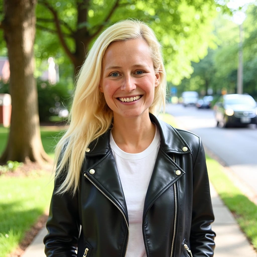 Portrait of Emma, founder of From the Heart, smiling. She is a blonde woman in a black leather jacket standing on a sidewalk with green trees and parked cars in the background.