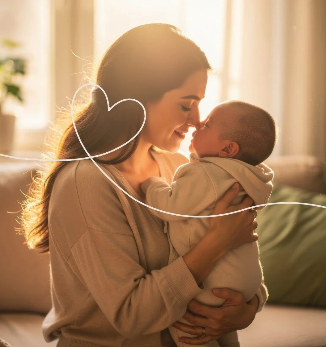 A woman holding a baby while touching noses, both smiling, with sunlight in the background.