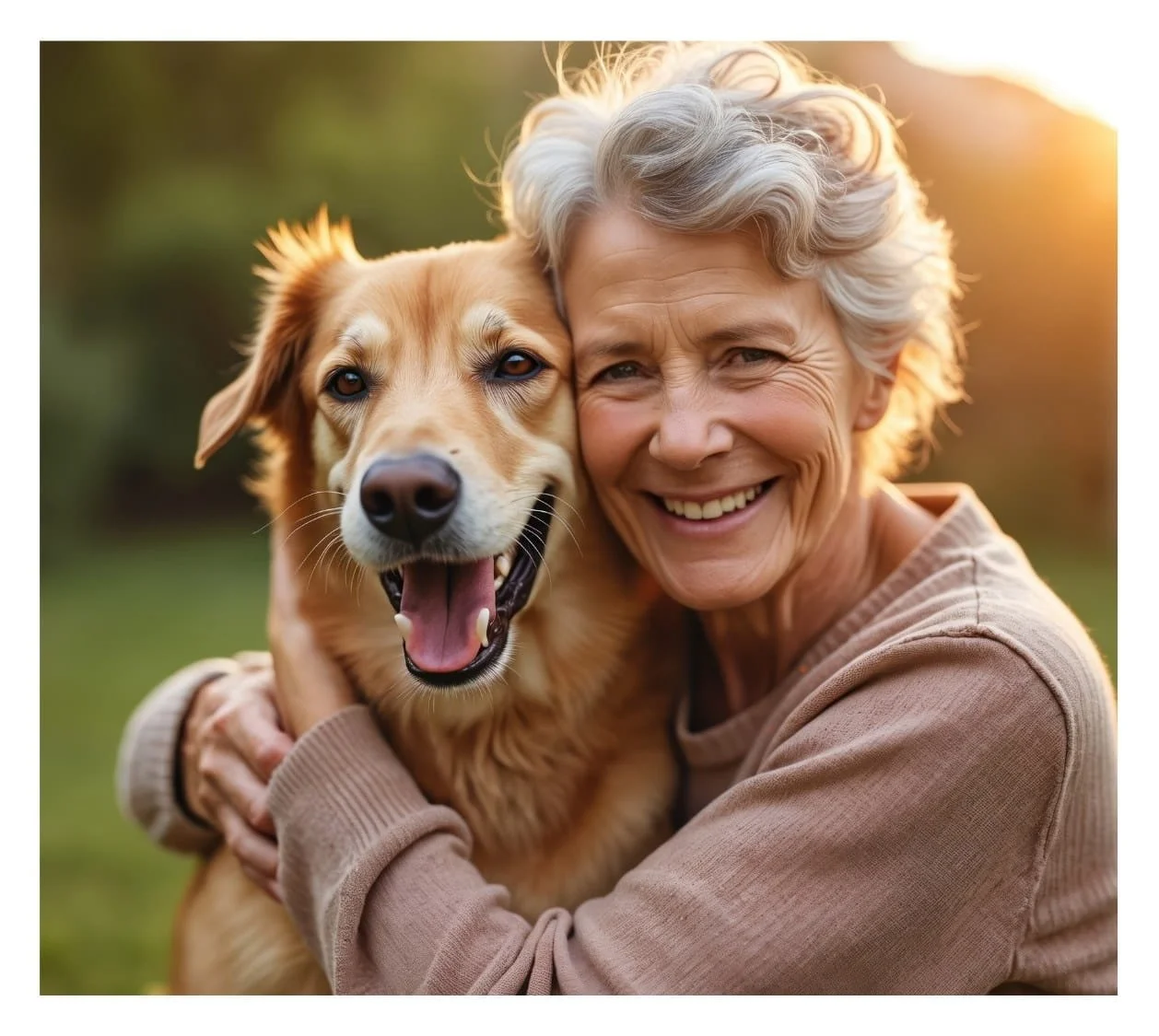 An elderly woman with gray hair smiling and hugging her golden retriever dog outdoors during sunset.