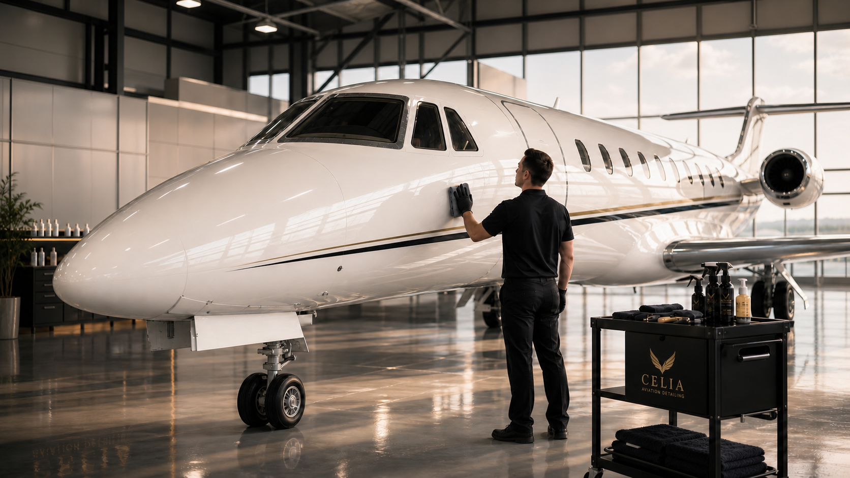 Tino finishing exterior wash on a aircraft