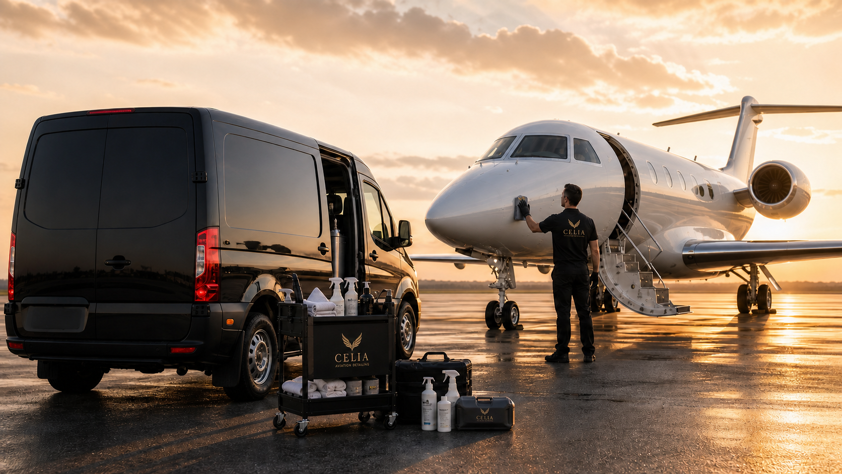 A technician cleaning a private jet