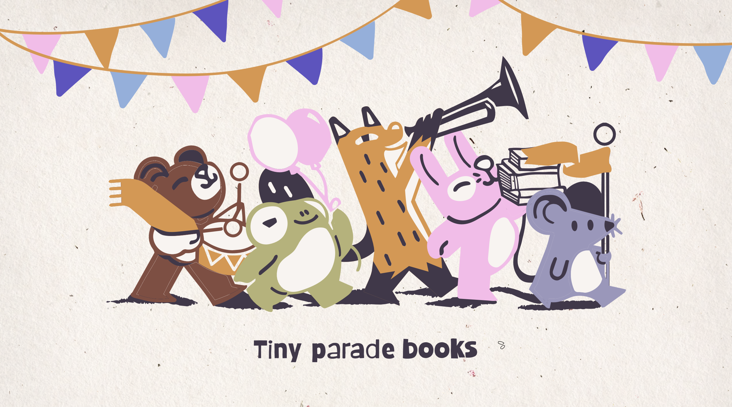 Tiny Parade Books logo featuring whimsical animal characters marching in a playful storybook parade