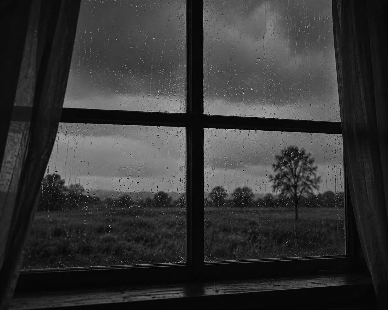 Janela, com uma vista de um campo com árvores através de uma janela de madeira aberta, cortinas transparentes ao lado, céu com chuva e gotas de água no vidro
