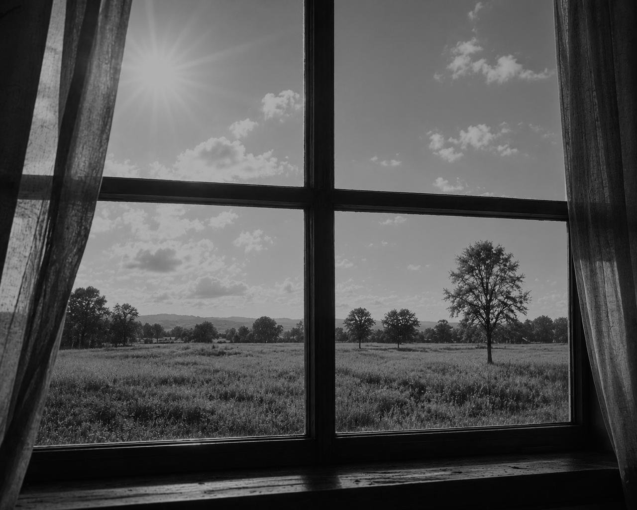 Janela, com uma vista de um campo com árvores através de uma janela de madeira aberta, cortinas transparentes ao lado, céu com nuvens e sol brilhando.