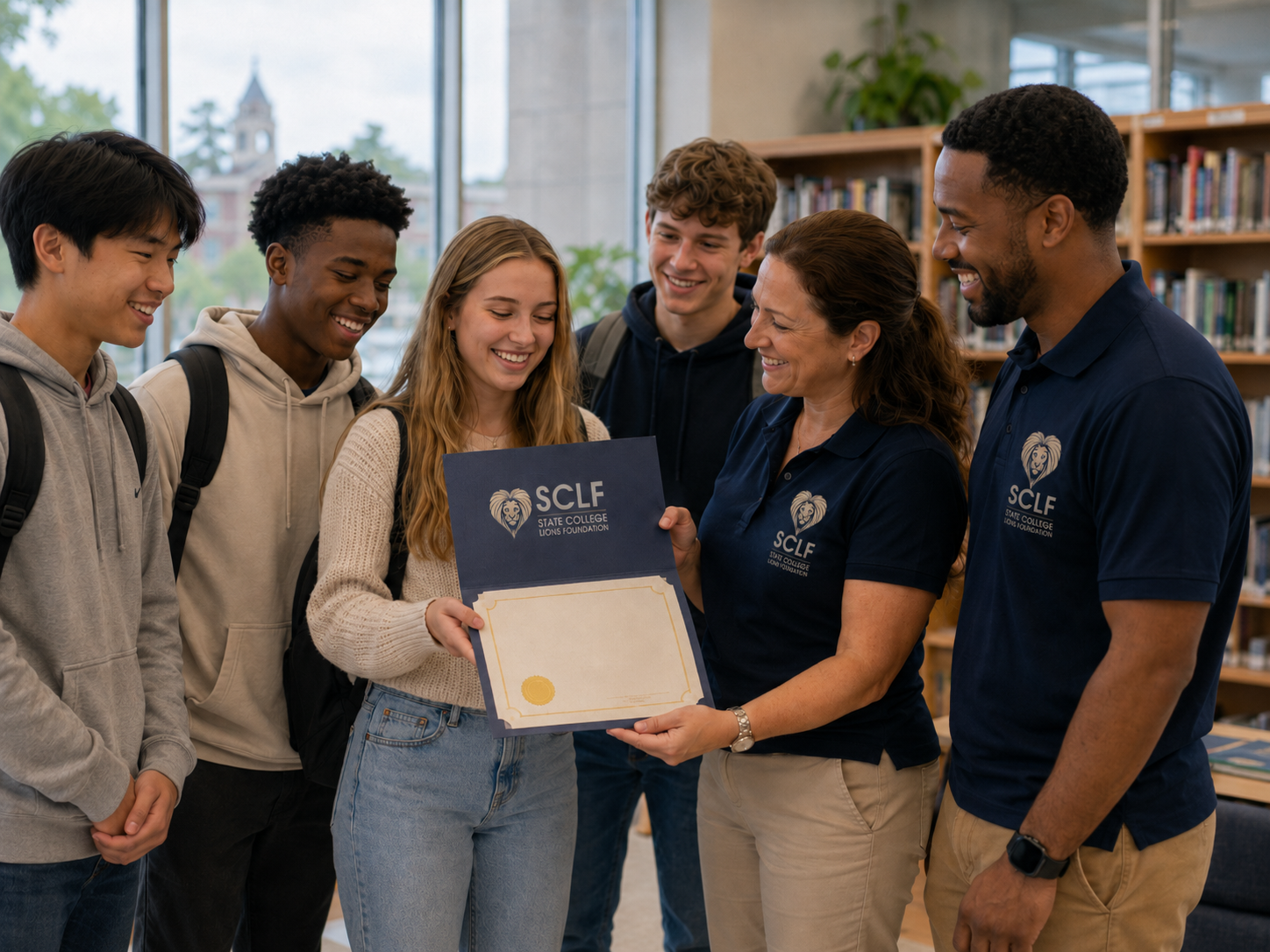 Group of five students and a woman in a library, with the woman presenting a certificate to a smiling female student. The students are casually dressed and carrying backpacks, standing near bookshelves with a large window in the background.