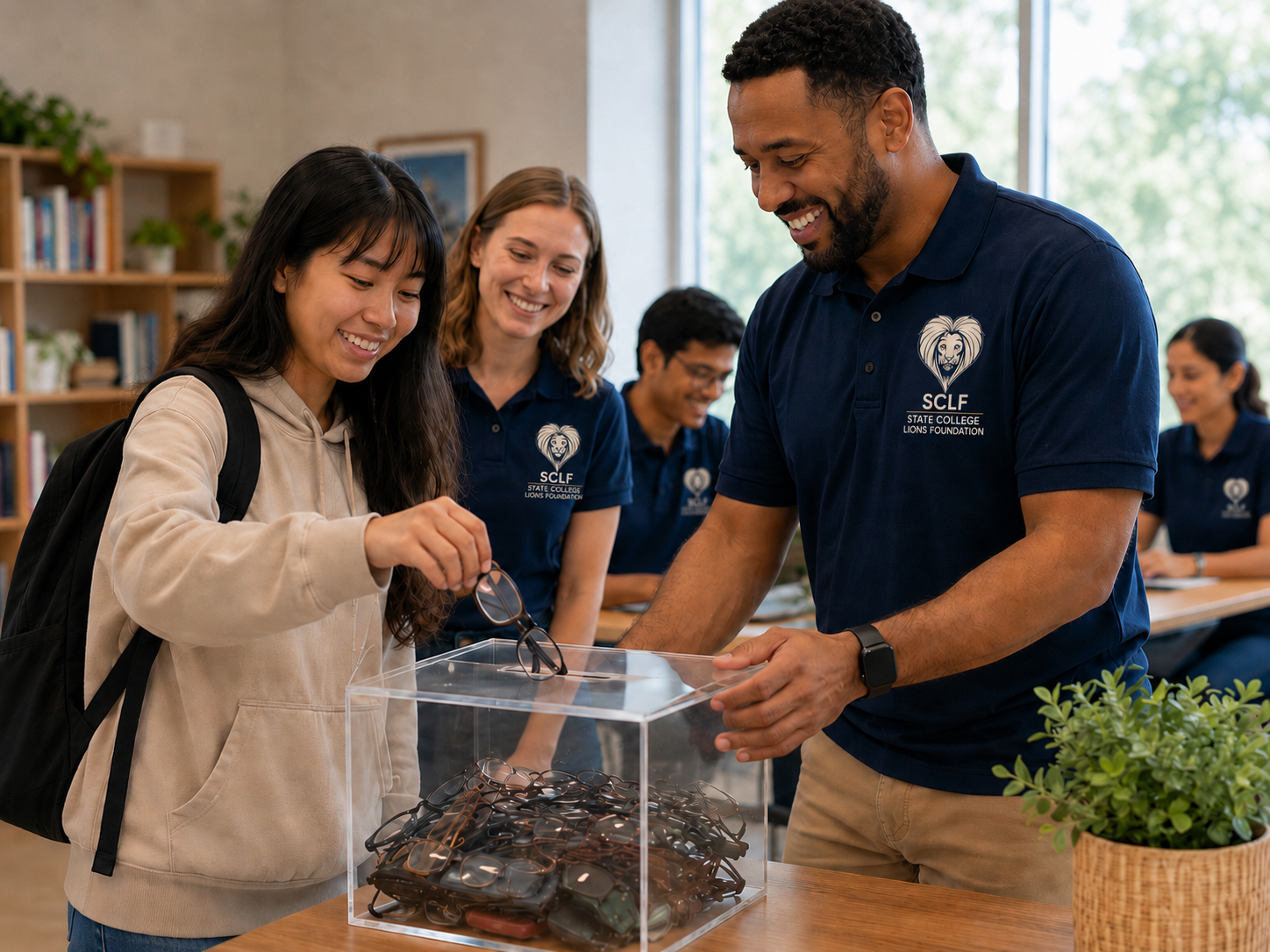 A group of students and a staff member are engaged in a community service activity at a classroom. A young girl with a backpack is selecting a pair of glasses from a clear donation box filled with glasses, while smiling. The staff member is assisting her, smiling warmly. The background shows bookshelves and other students, all wearing matching blue branded shirts.