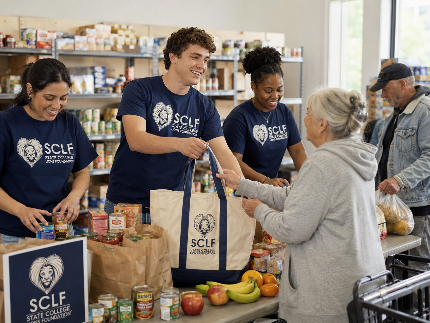People volunteering at a food bank, handing groceries to a woman in a grey hoodie. Shelves behind are stocked with canned goods and other food items, all wearing navy blue shirts with a lion logo and the text 'SCLF State College Lions Foundation'.