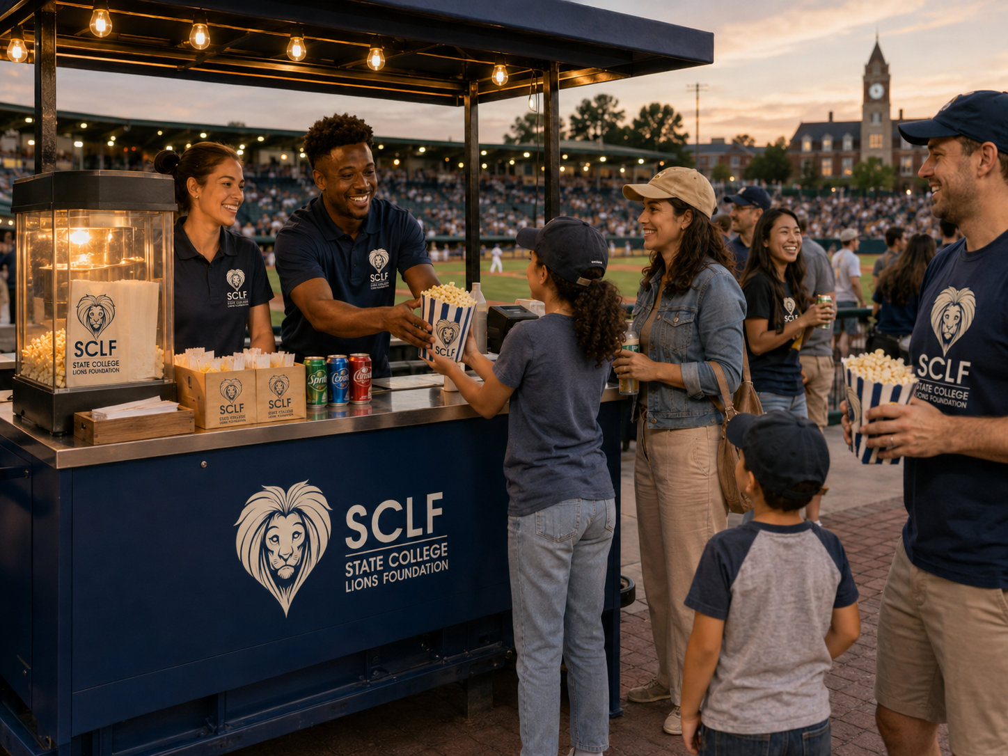 People at a baseball stadium enjoying snacks at a Bryan's popcorn stand with the SCLF logo, during sunset.