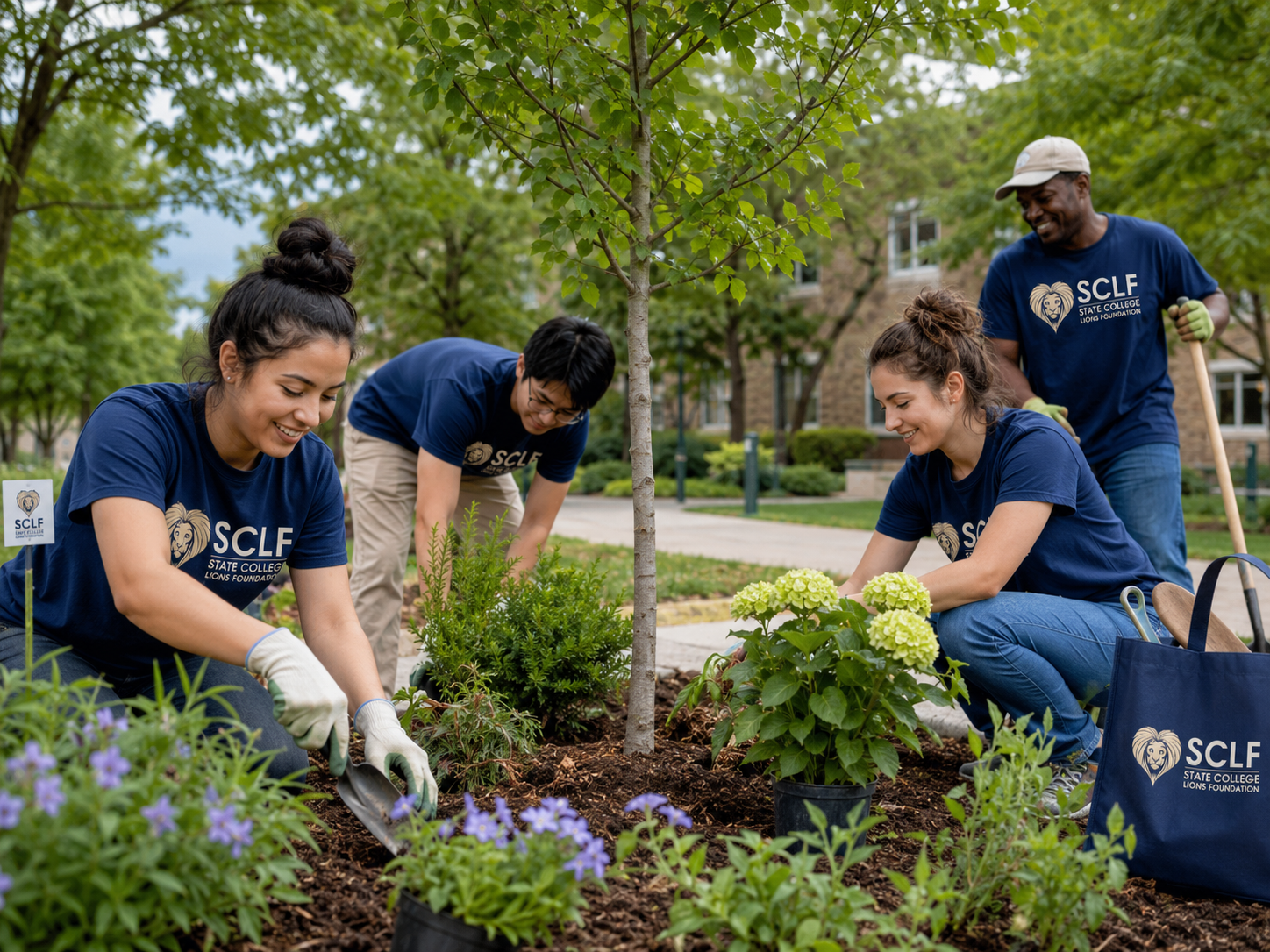 Group of four diverse people planting a tree in a park, wearing matching blue T-shirts with a lion and the words 'SCLF State College Lions Foundation', surrounded by green trees and flowers.