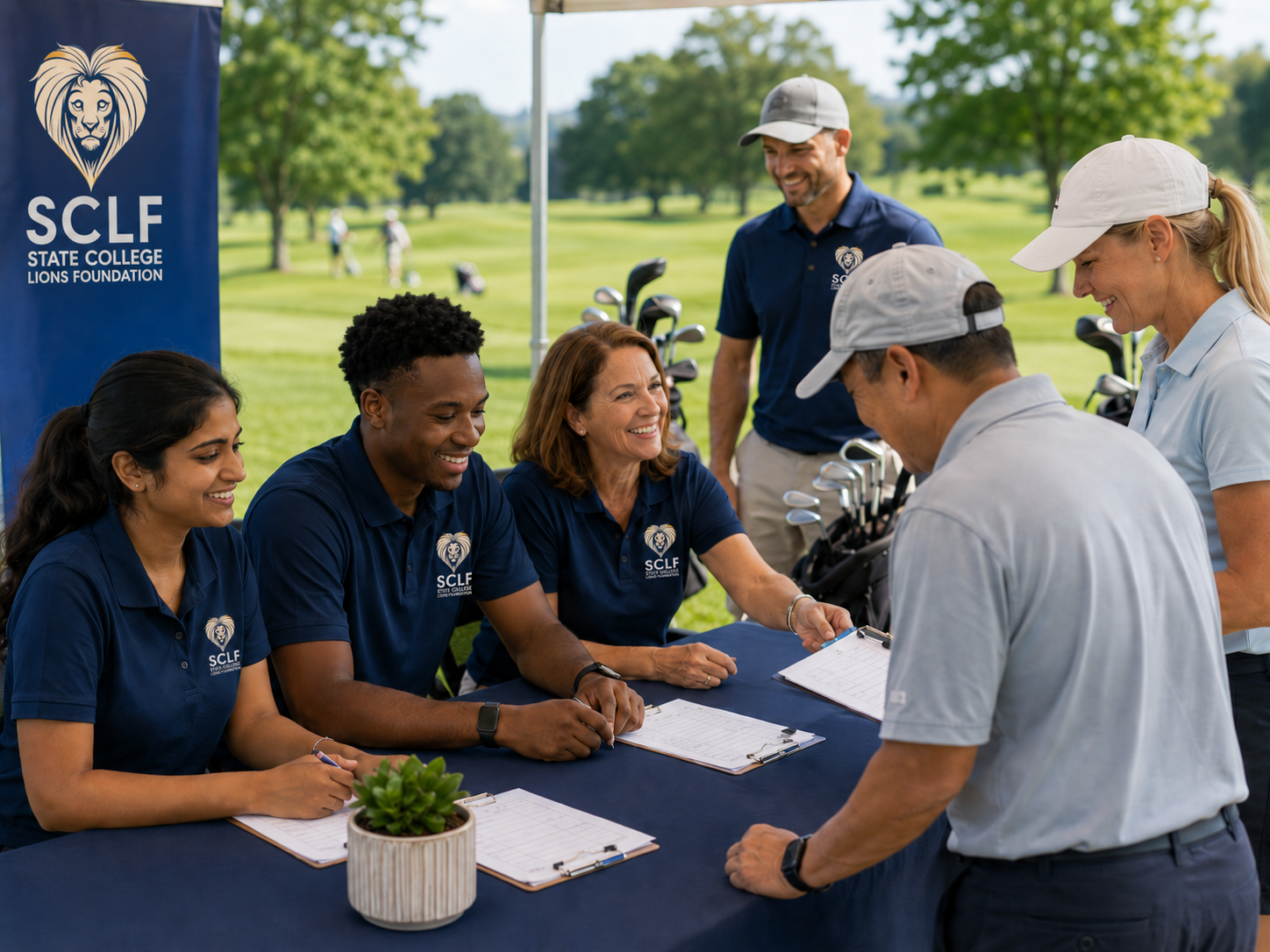 Group of five people at a golf event registration table, wearing navy blue shirts with the SCLF logo, smiling and talking to two individuals standing across the table, with golf clubs in the background.