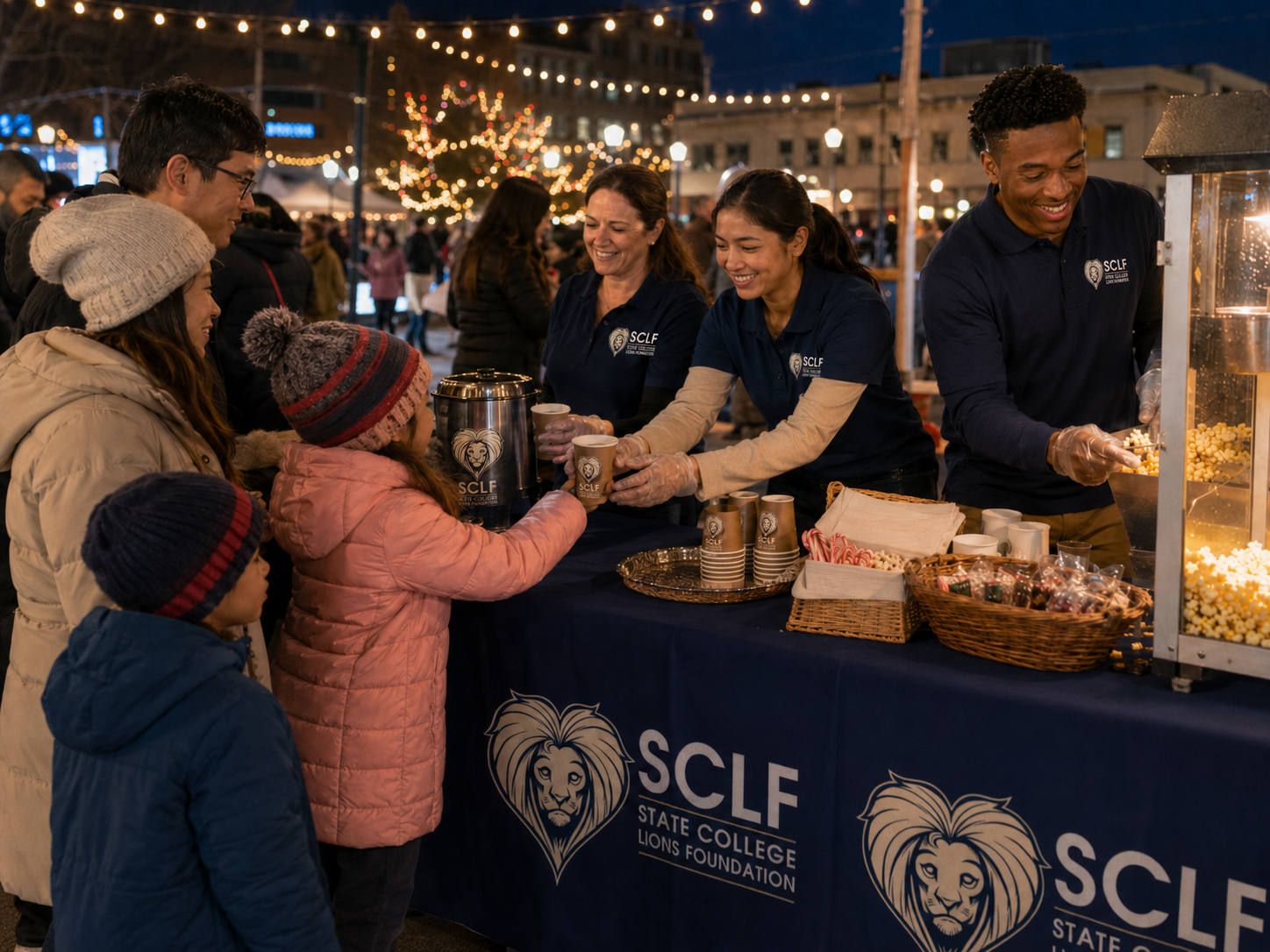 A group of people at a night event outside, serving hot drinks to children from a table with "SCLF State College Lions Foundation" branding. The scene features string lights and a decorated Christmas tree in the background.