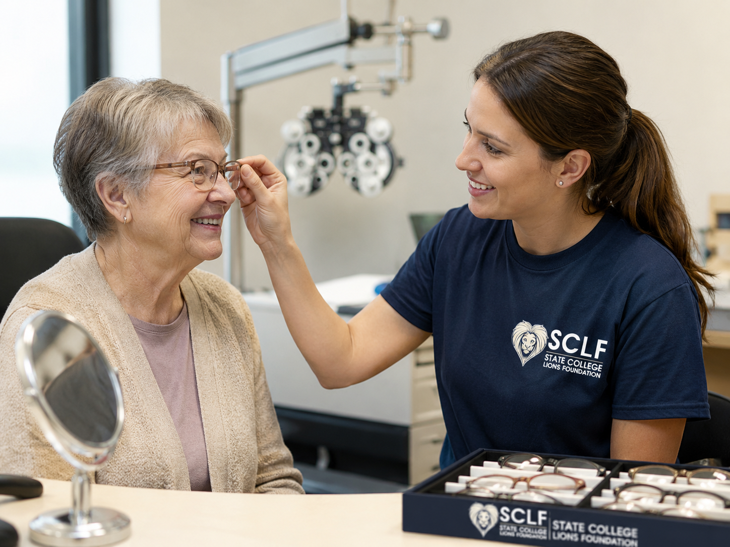 A young woman with brown hair in a ponytail helping an elderly woman with glasses at an eye examination or optometry setting, smiling and wearing a navy blue shirt with the SCLF logo.