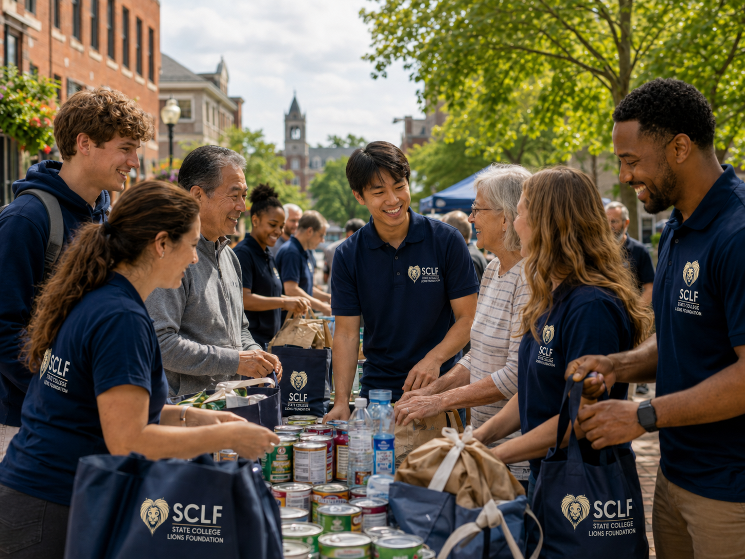 People smiling and handing out food at an outdoor event on a city street, with trees and historic buildings in the background.