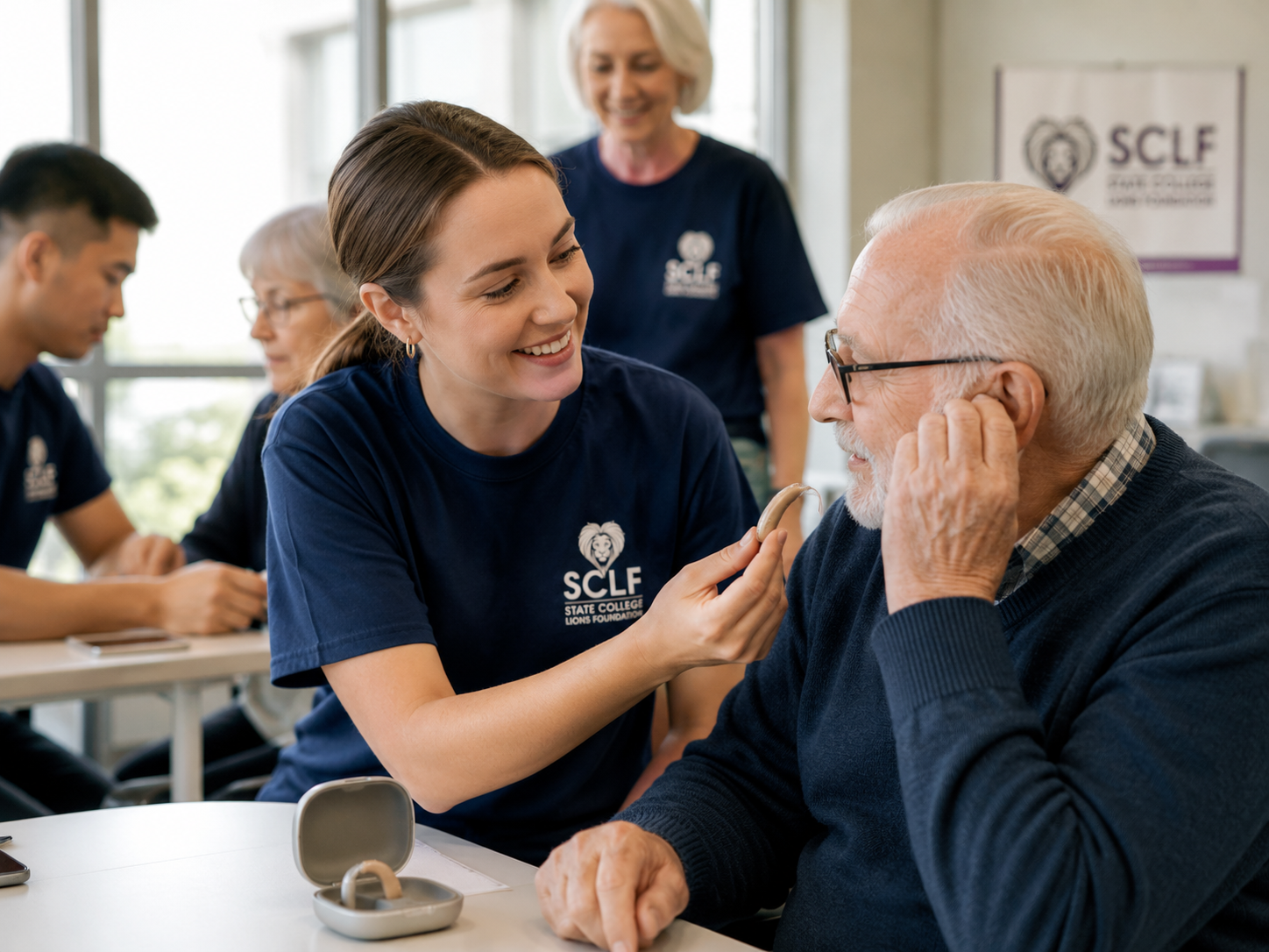 A young woman wearing a navy blue t-shirt with the logo of State College Lions Foundation tests a hearing aid on an elderly man with glasses, in a classroom setting with other people and a banner in the background.