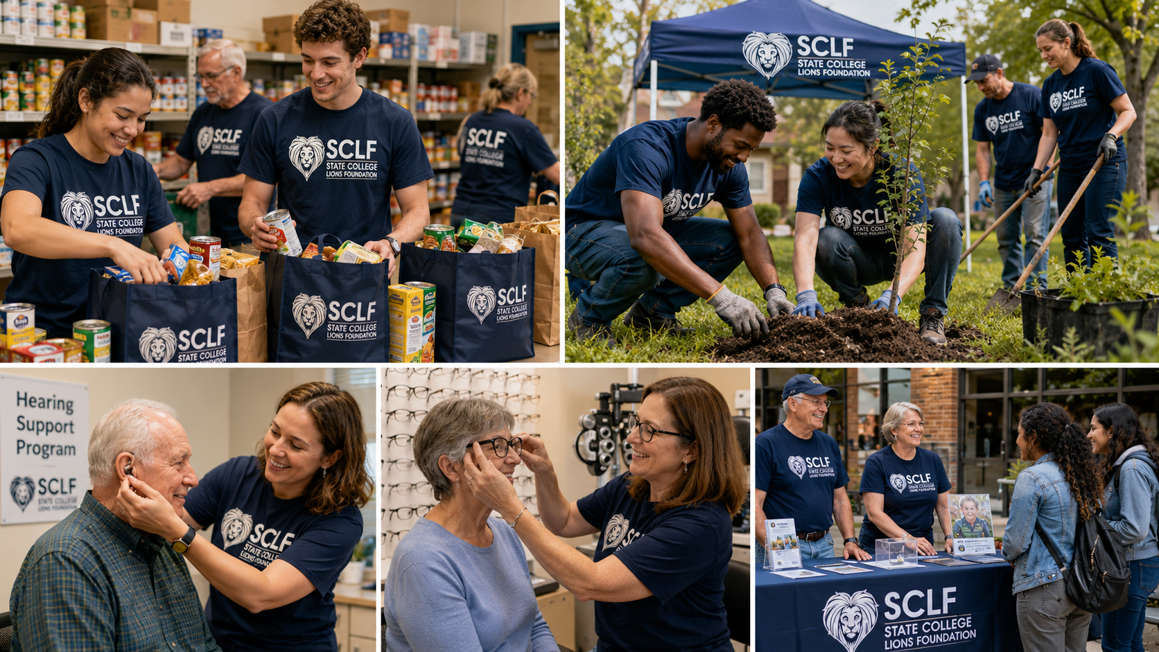 Group of volunteers from SCLF State College Lions Foundation participating in community service activities: packing goods at a food bank, planting trees outdoors, examining and fitting glasses in an eye clinic, providing hearing support, and engaging with community members at an informational booth.