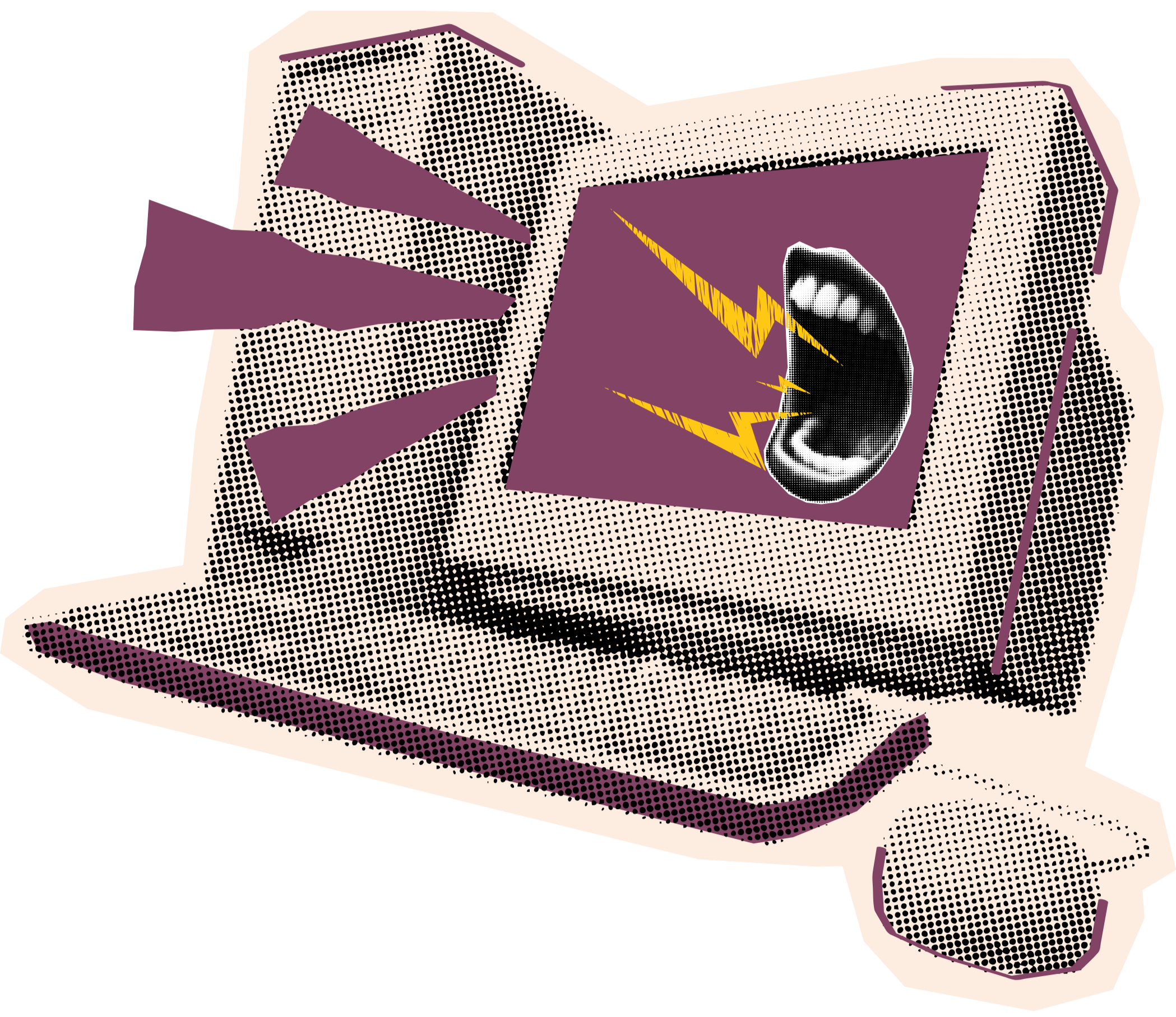 Pop art style illustration of a speaker with yellow lightning bolts coming out of it on a purple and beige background.