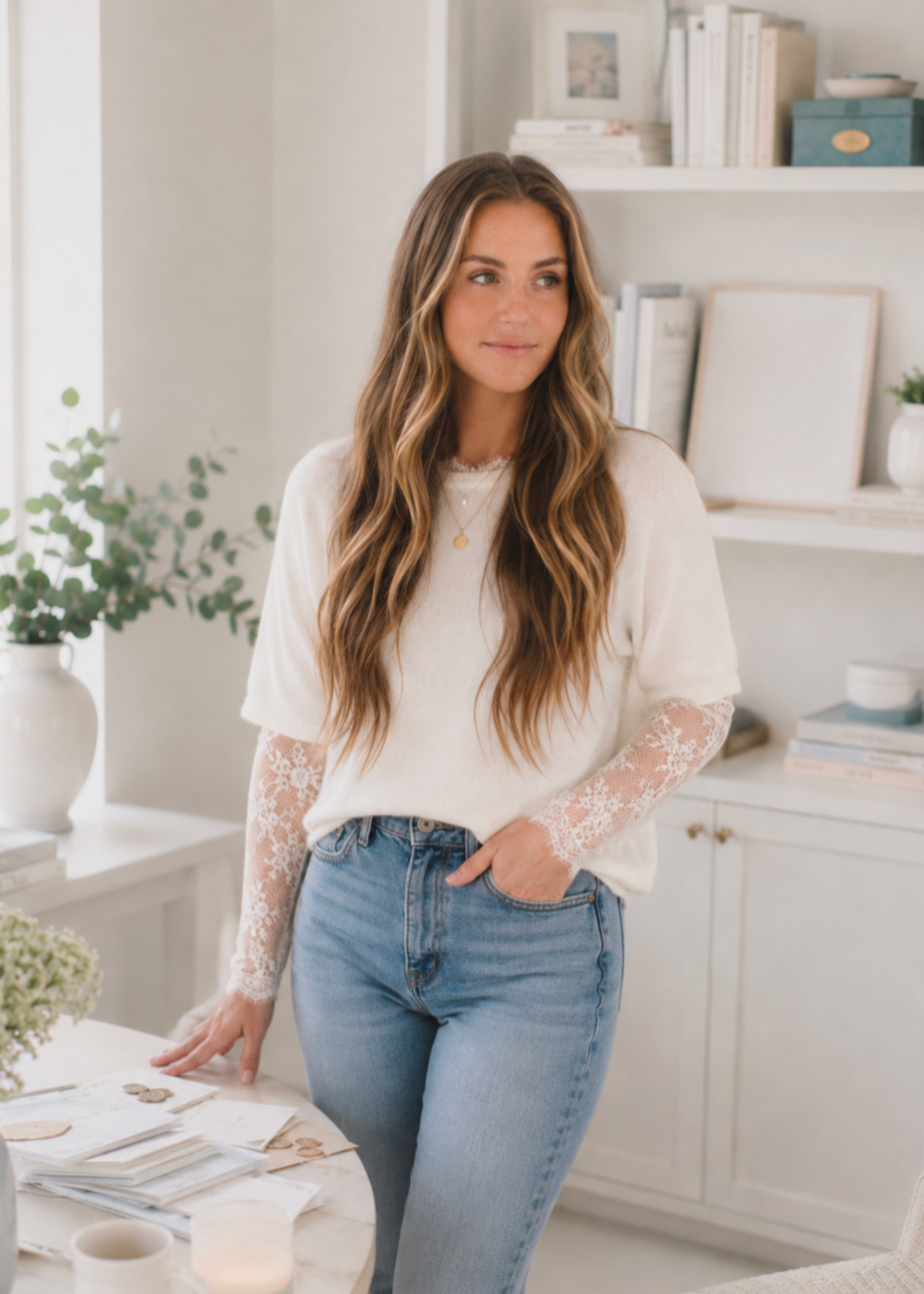 A woman with long wavy brown hair wearing a white lace long-sleeve top and blue jeans, standing in a bright, white kitchen or living area with shelves, books, and plants in the background.