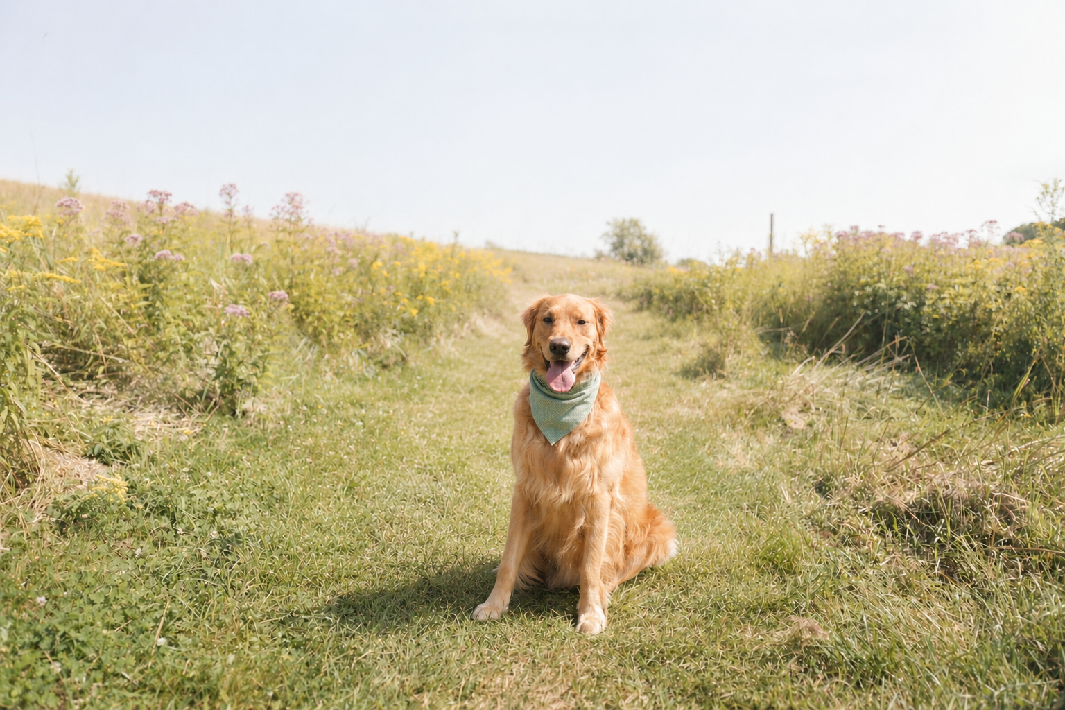 Golden retriever sitting on a grassy path in a field of yellow and purple wildflowers, smiling with tongue out, wearing a blue bandana, under a bright, clear sky.