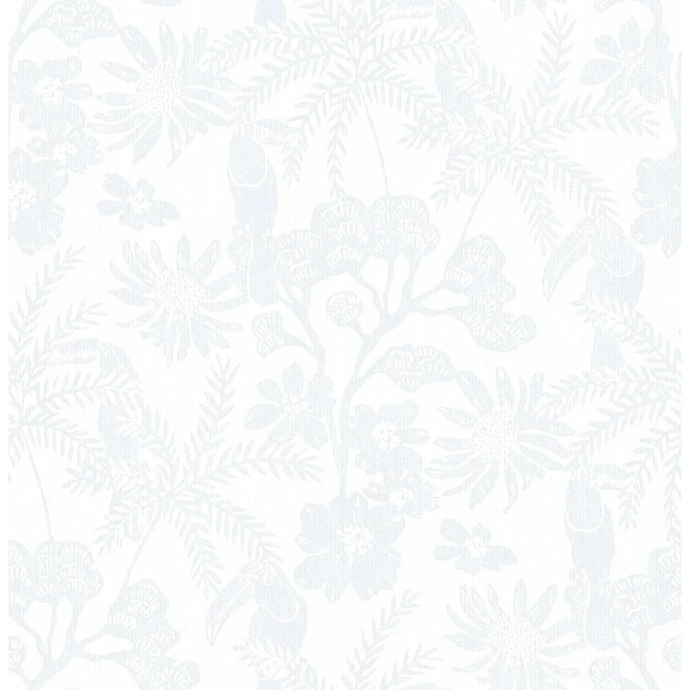 Light-colored floral patterned wallpaper with botanical prints of flowers and leaves.