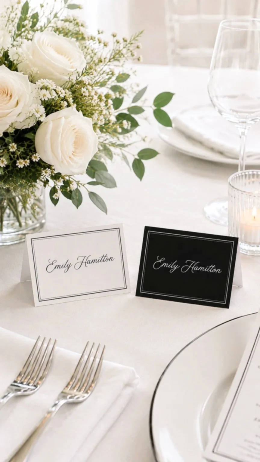 Black and white personalized wedding place cards featuring elegant calligraphy and double-line borders.