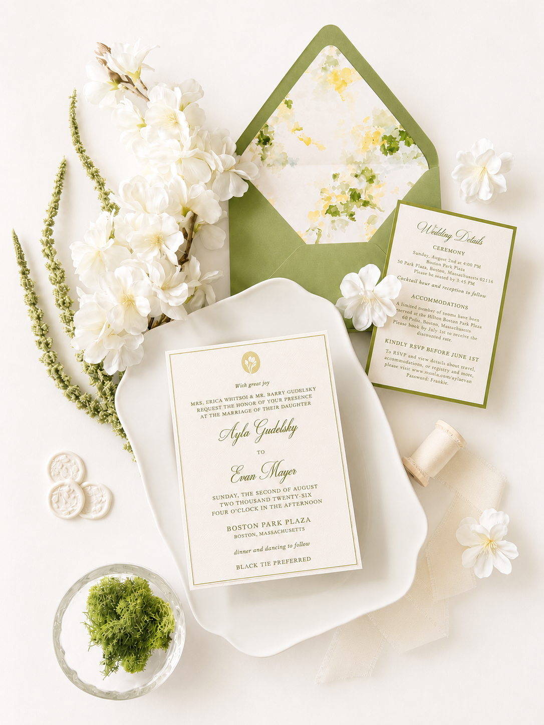 Wedding invitation set with floral decorations, including white flowers and green leaves, displayed on a white surface. The set includes a main invitation, an RSVP card, and a details card, all with gold accents.