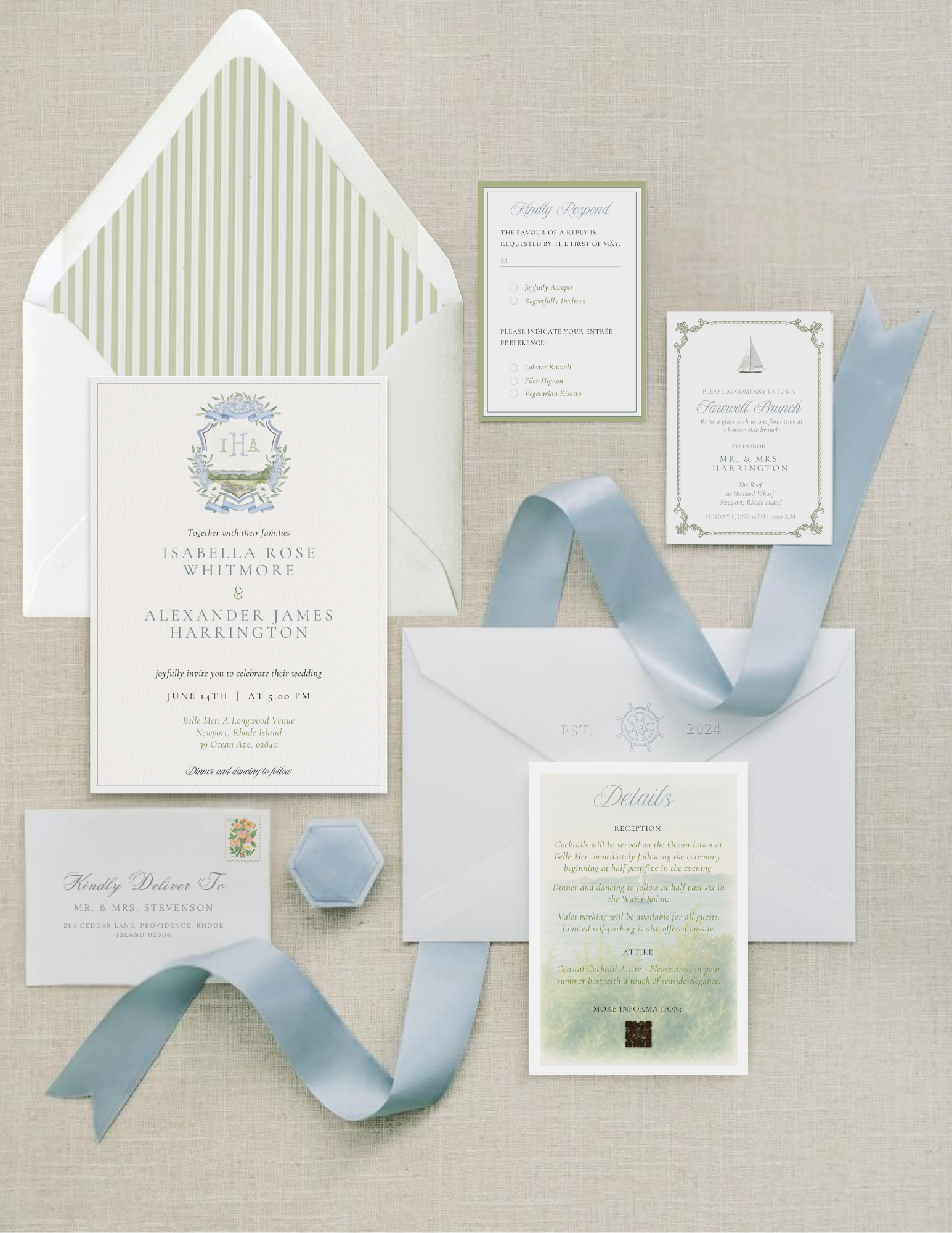 Wedding invitation suite with pale blue ribbon, including an invitation, RSVP card, and details card, set on a neutral fabric background.