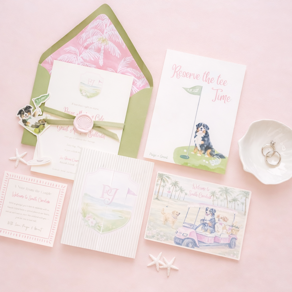 Wedding invitation suite with pet-themed wedding decor and stationery on pink background, including a green envelope with pink lining, pet-themed RSVP card, a 'reserve the tee time' card with a dog illustration holding a golf flag, and an invitation with a golf course scene and pets, along with starfish decorations and a shell with rings.