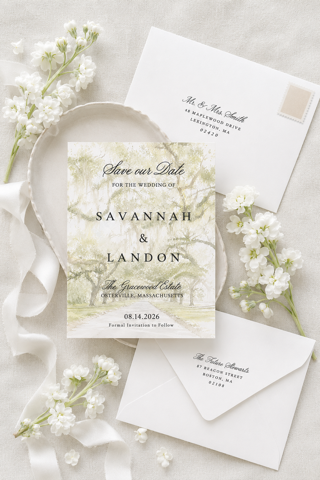 A wedding save-the-date card with trees in watercolor, white flowers, and white envelopes, one addressed to Mr. & Mrs. Smith and the other to The Future Mrs., surrounded by white flowers and a white ribbon.