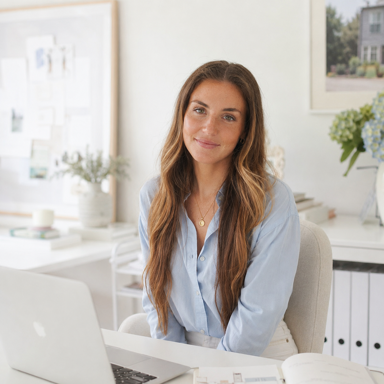 A woman with long light brown wavy hair, blue eyes, and light skin, sitting at a white desk inside a bright room with white walls, books, and greenery, looking at the camera with a slight smile.
