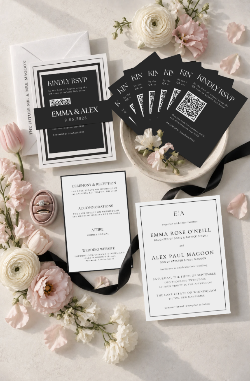 Elegant black and white wedding invitation suite with RSVP cards, QR codes and details card, styled with soft pink and white florals and black ribbon.