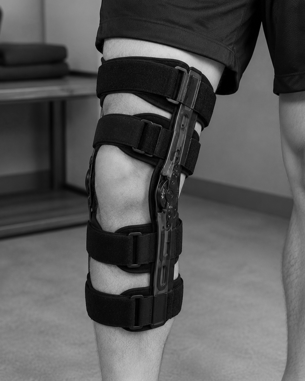 A knee injury with a brace on for protection.