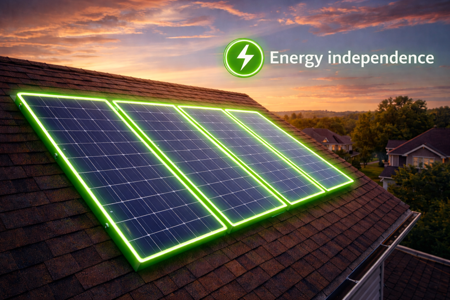 Solar panels with green outline on a roof at sunset with a sign that says "Energy independence".