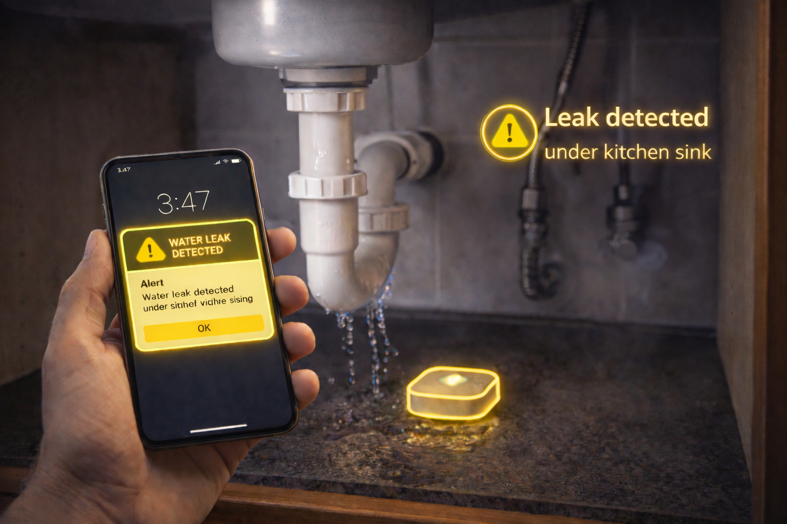 A smartphone displays a notification alert about a water leak detected under a kitchen sink. The sink has water dripping from a pipe beneath it. There is a glowing yellow device on the countertop and a written alert indicating a leak detection under the kitchen sink, with visual indicators and text.