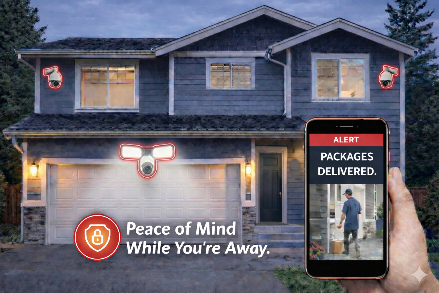 Smart home security system with cameras around a two-story house. A hand holding a smartphone displays an alert message: 'Packages Delivered.' The house has outdoor lights on, and a person is seen walking near the front door. The text on the image reads: 'Peace of Mind While You're Away.'