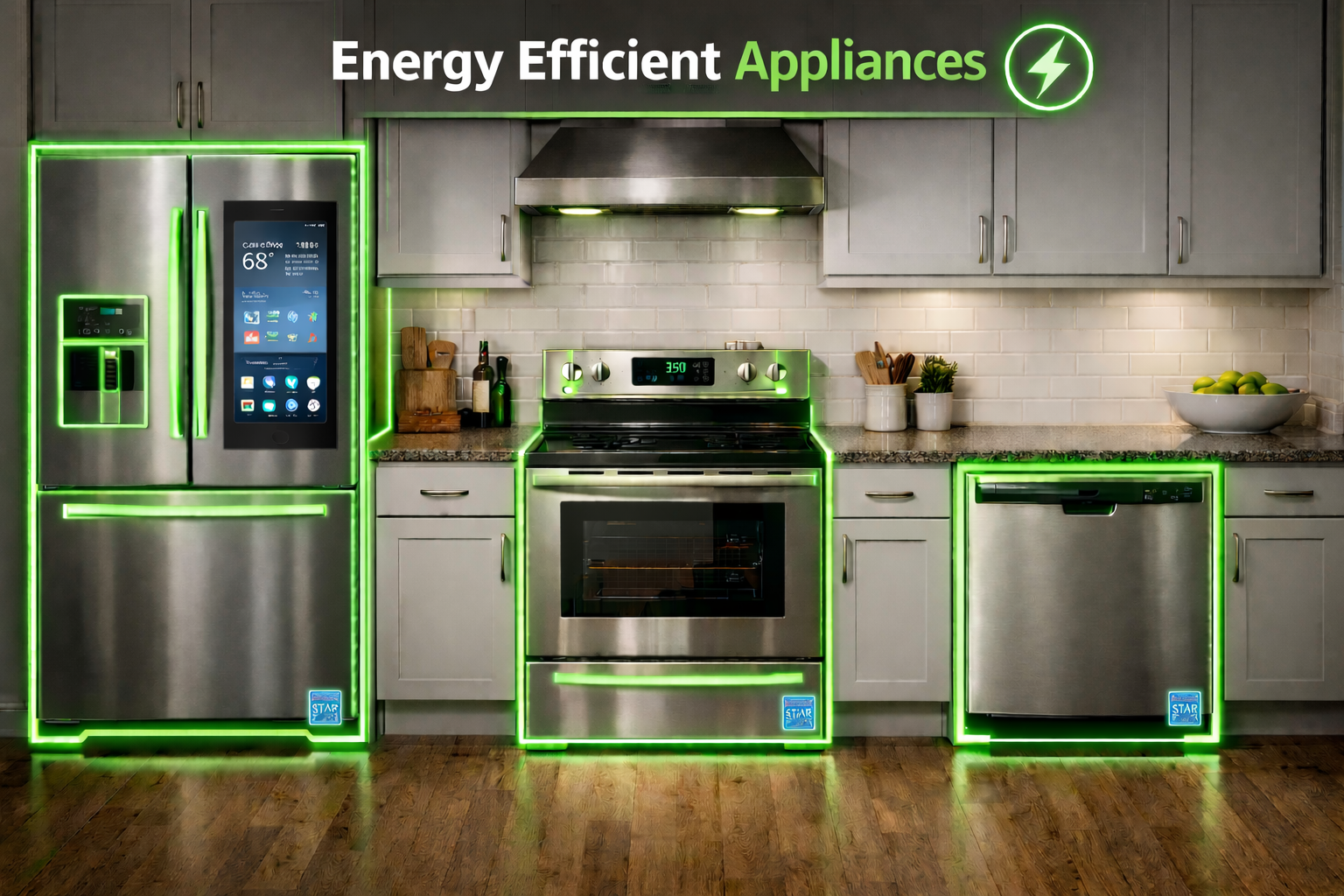 Kitchen with energy-efficient appliances outlined in green neon, including refrigerator, stove, and dishwasher.