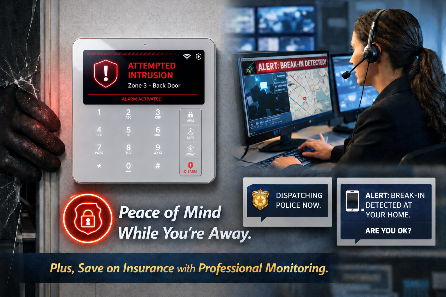 A security system alert panel displays an attempted intrusion at the back door in Zone 3, with alarm activated. Next to it, a security officer watches monitors with an alert about a break-in detected at home, using professional monitoring. The text in the image promotes peace of mind and insurance savings with professional monitoring.