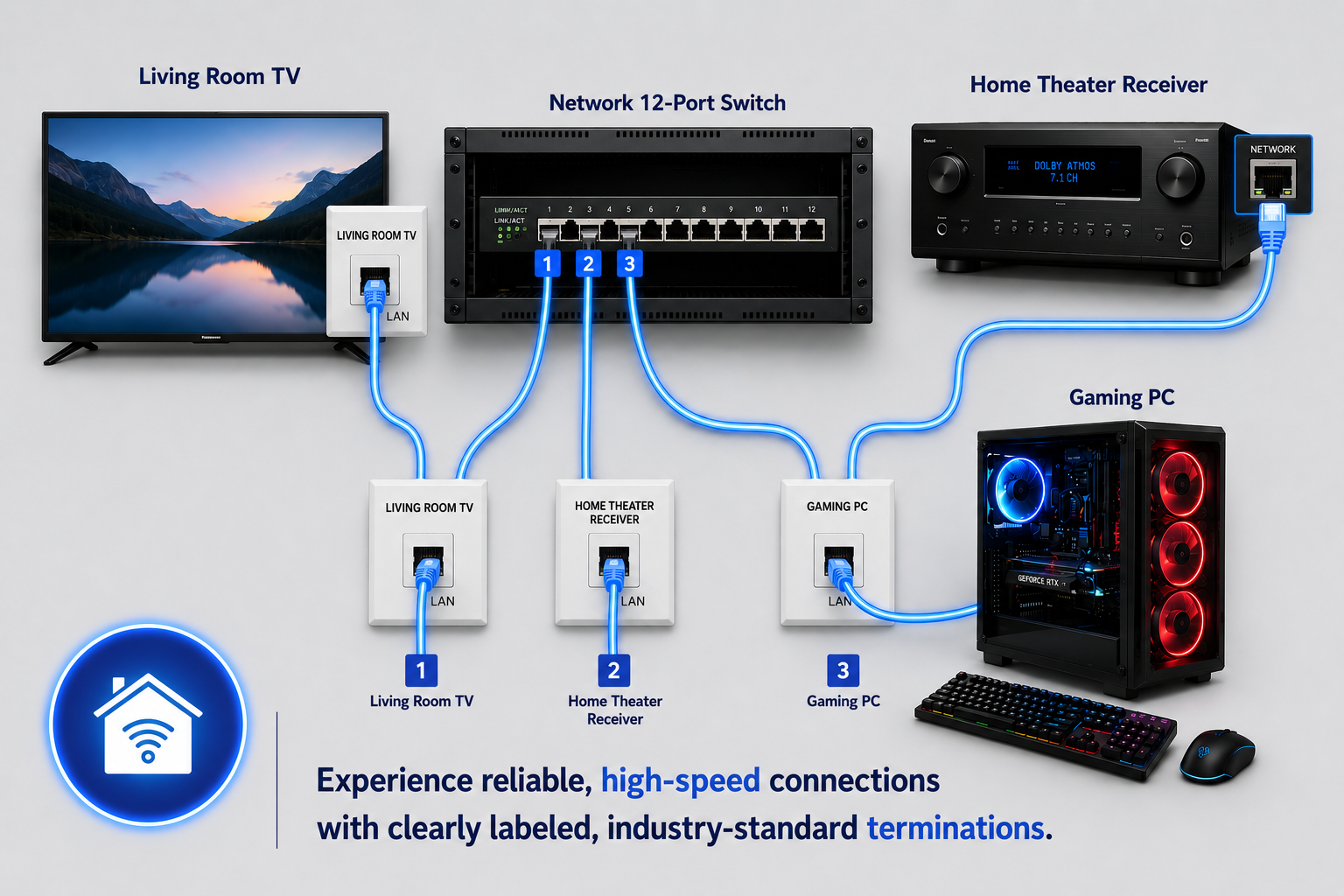 Diagram showing a home network setup with a living room TV, network switch, home theater receiver, gaming PC, and their high-speed wired connections.