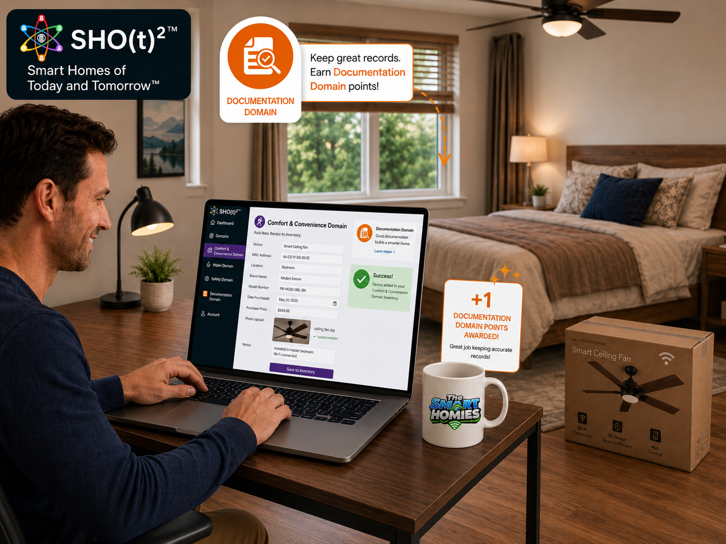 A man using a laptop at a desk in a bedroom, with a window showing trees outside. The laptop screen displays a smart home management app called SHO(t)2, showing device details and confirmation of adding a ceiling fan to a smart home inventory. There are informational labels and icons about documentation points, with a coffee mug on the desk labeled 'The Smart Homes', and a box for a smart ceiling fan on the floor. The room has a bed with pillows, curtains, a window, a ceiling fan, and soft lighting.
