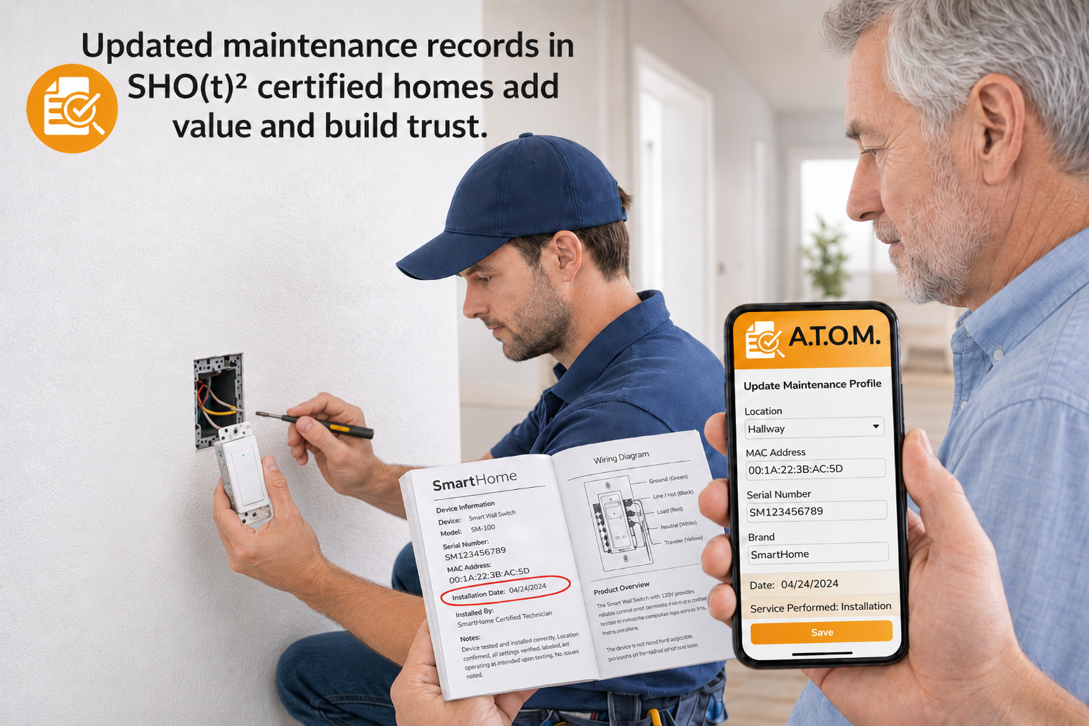 An electrician and a senior technician working on a wall outlet with smart home device, while the technician holds an open manual and the electrician holds a smartphone showing a maintenance profile. The background shows a bright, modern room with windows. Text on the image promotes updated maintenance records in SH0(t)2 certified homes to build trust.