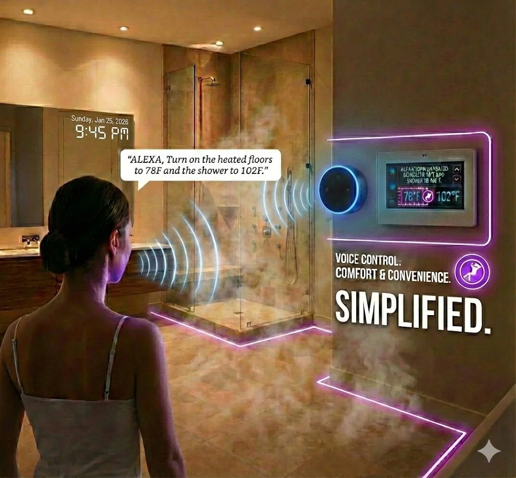 Smart bathroom with voice-controlled shower features, a woman standing in front of a digital control panel with a display showing temperature settings, digital clock, and morning weather, surrounded by neon accents.
