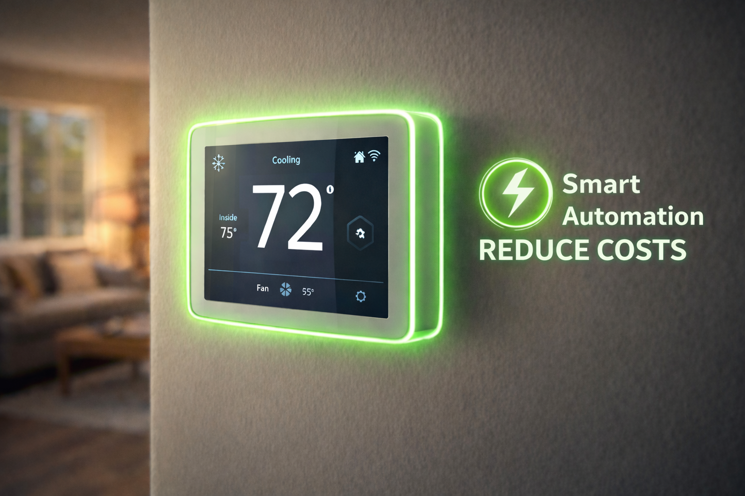 A smart thermostat on a wall displaying a temperature of 72 degrees Fahrenheit with a green light glow around it. There is promotional text to the right that reads 'Smart Automation REDUCE COSTS' next to a green lightning bolt icon.