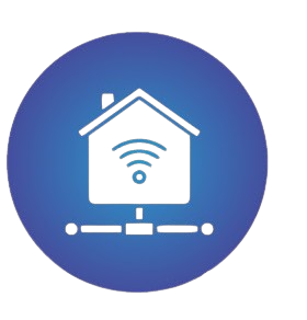 Icon of a smart home with Wi-Fi signal inside a blue circle