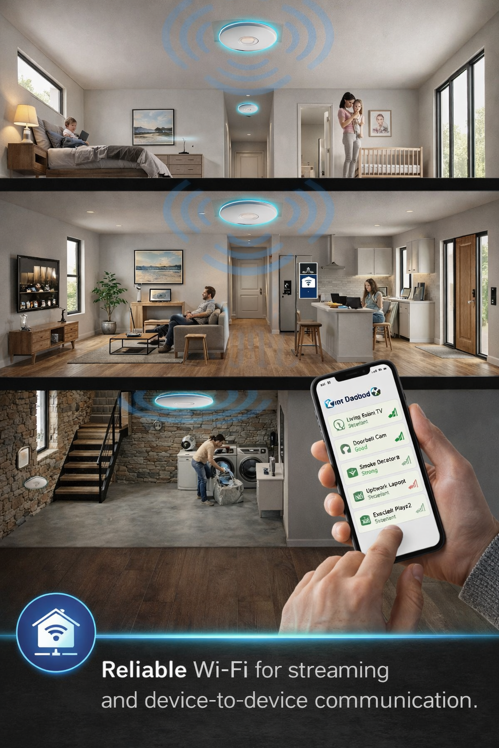 A multi-level house with interconnected smart devices and Wi-Fi signals indicating network connectivity. The top level shows a child with a tablet in a bedroom and a mother with a daughter in a nursery. The middle level shows a man relaxing in a living room with a TV and a woman working in the kitchen with a smart appliance control panel nearby. The basement level features a laundry area with a woman doing laundry. A smartphone in the foreground displays a home automation app monitoring various smart devices, with a Wi-Fi icon and the text 'Reliable Wi-Fi for streaming and device-to-device communication'.