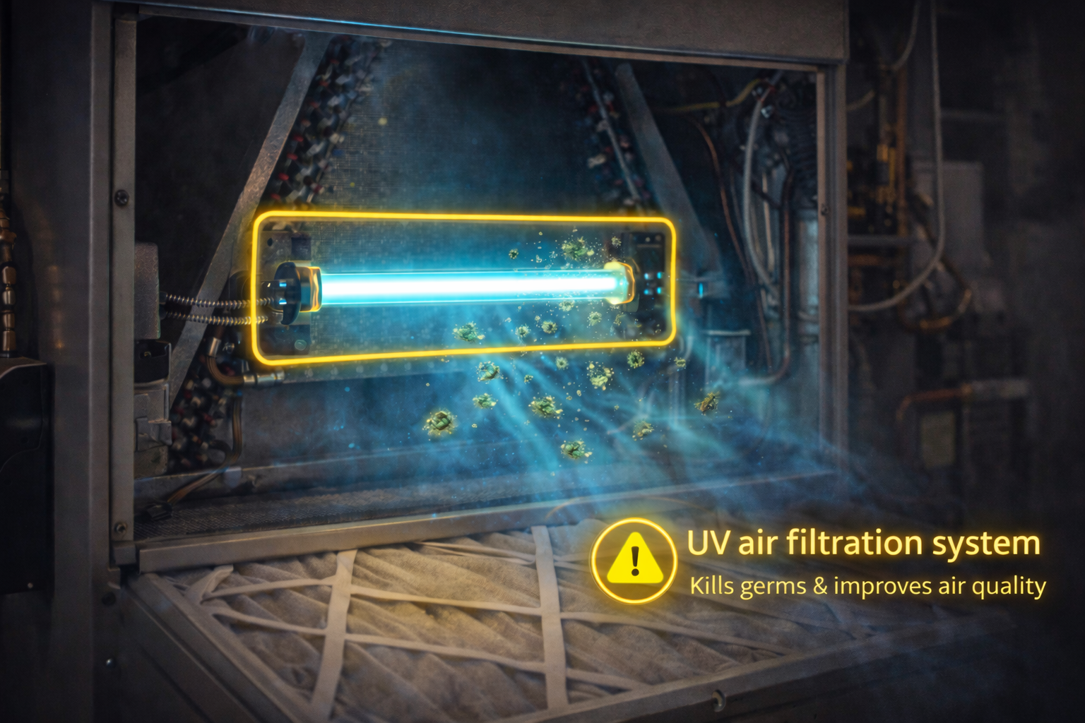 UV air filtration system in a machine emitting blue light and small particles, with a yellow warning sign and text indicating it kills germs and improves air quality.